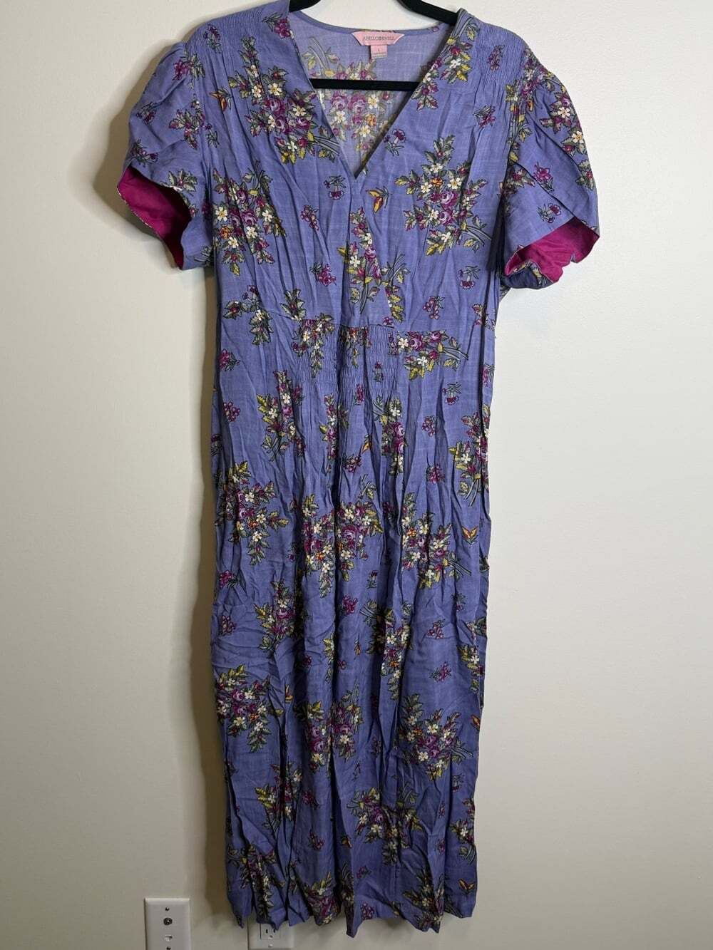 April Cornell Lavender Floral Midi Dress with Pink Accents size large